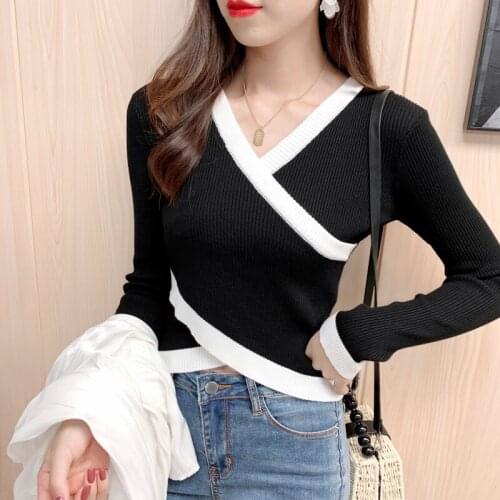 Sexy Cross Women Long Sleeves Knitwear V Neck Cropped Knitted Tops Casual Slim Knit Sweater
