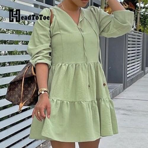 Solid Puffed Long Sleeve Ruffles Mini Dress Women Long Sleeve V Neck Casual Dress