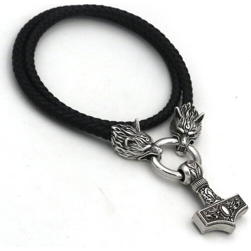 Norse Vikings Thors Hammer Pendant Rune Amulet Necklace Zinc Alloy Wolf Head Chain Necklace Viking Retro Jewelry 2021