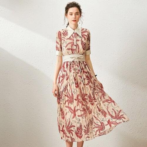 Pleated Dress Summer Women 2020 New Turn Down Collar Contrast Colour Patchwork Printed Short Sleeved Slim Belted Elegant Dresses