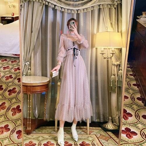 2021 Early Spring Boho Tulle Sexy Vintage Women Square COllar Long Sleeve Polka Dot Pink Mesh Tunic Midi Dress