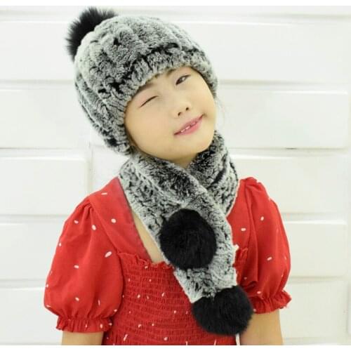 Girls boys winter hat scarf set knitted natural rabbit fur hat fluffy fox fur pompom kids fashion warm elastic soft ball scarf