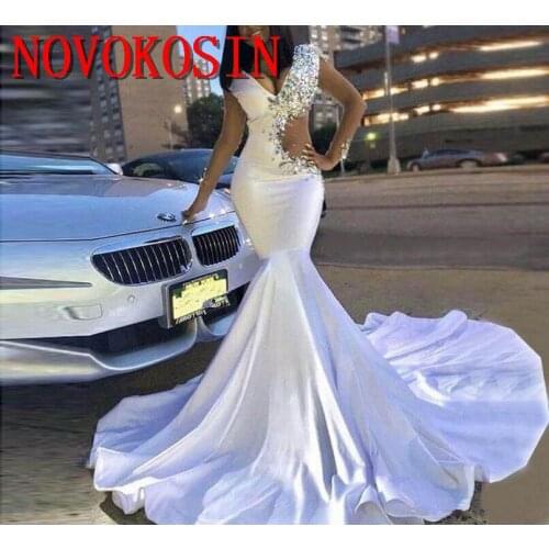 2019 Sample White Long Train Formal Dresses Vintage Mermaid Evening Gowns Beads Crystals Ruched Long Sexy Cutaway Sides Vestidos