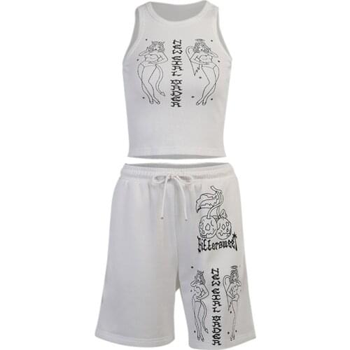 2021 Women Suit Sexy Printed Angel Sleeveless Tops Vest High Waist Drawstring Straight Shorts Suits Biker Thighs Knees Se