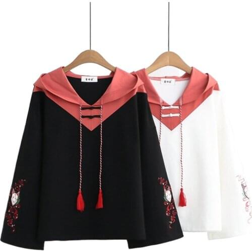 2021 New Japan Style Women Cute Girl Sweatshirt Patchwork Hooded Loose Cartoon Fox Embroidery Harajuku Hoodies 2112643