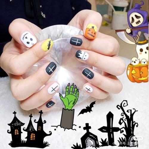 24pcs Fake Nail with Design Funny Halloween Fingernails Creative Nail Art Decoration False Nails DIY Pumpkin Short Fake Nails