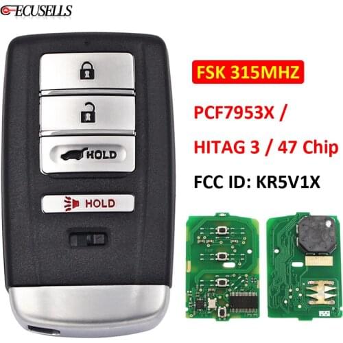 3+1/4 Button Smart Remote Key (SUV) FSK 315Mhz PCF7953X / HITAG 3 / 47 Chip FCC ID: KR5V1X for Acura MDX RDX HON66 Uncut Blade