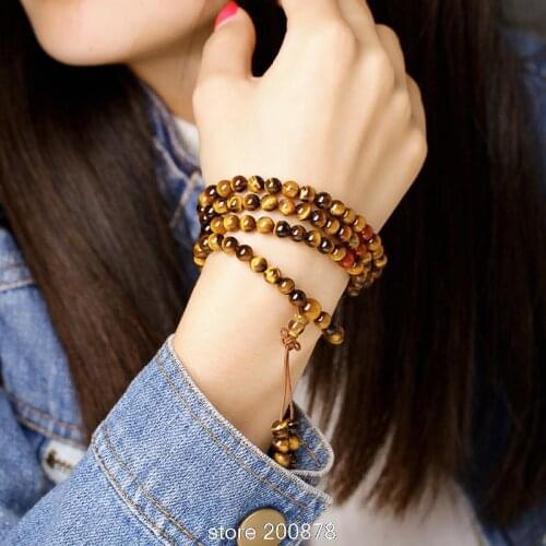 BRO597 Natural Golden Tiger Eye 6mm Fashion Girls Bracelets Buddhiam 108 Mditation Mala Necklce Natural Stone Beaded Bracelet