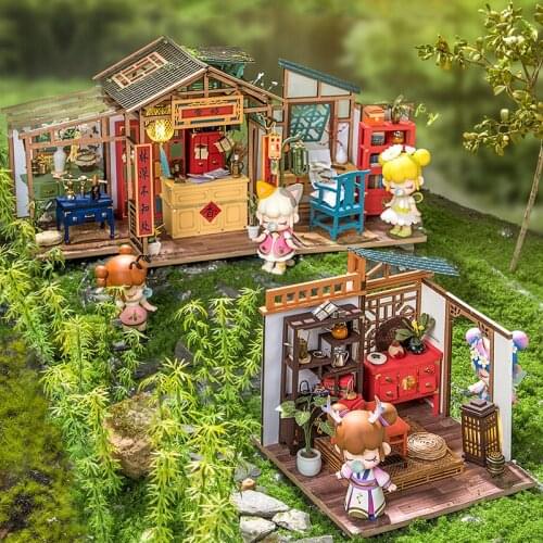 DIY Chinese Retro Tearoom Wooden Dollhouse Miniature Furniture With LED Kits Doll Houses Assemble Toys Children Christmas Gift