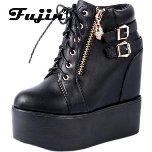 Fujin Sexy Night Punk Wedge Boots Ankle Boots Genuine Leather Black Motorcycle Women Boots Platform Chunky Heel Shoes for Female