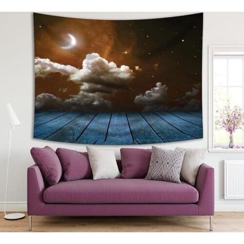 Tapestry Clouds Shining Stars and New Moon Nature View from Wooden Deck Artwork Printed Blue White Brown