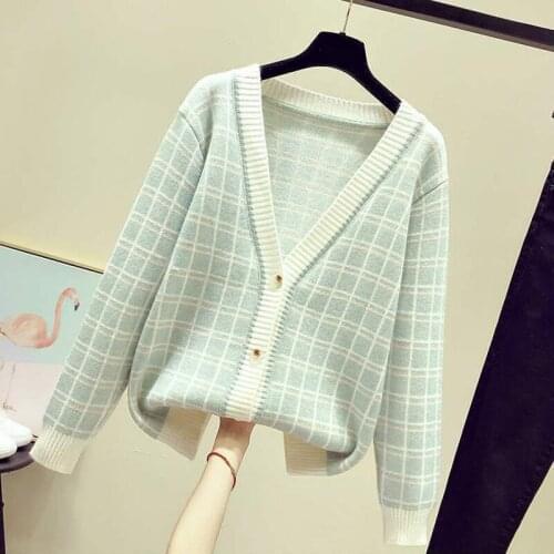 Spring Autumn Style Women knitted Cardigan Crop Tops Lady Casual Long Sleeve V-Neck Plaid Print Outwear Cardigan Sweater ZZ0913