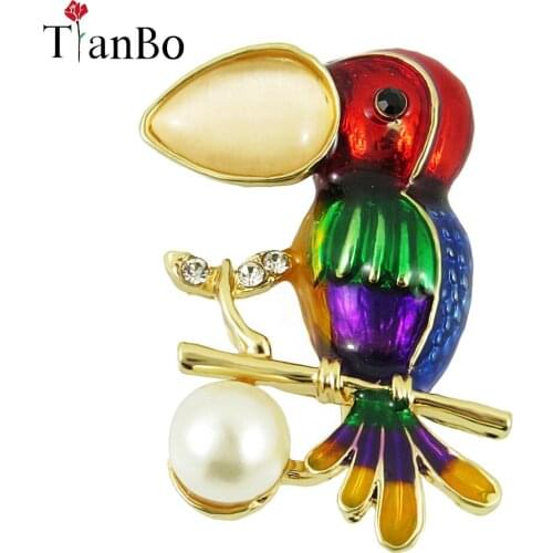 Tianbo High Classic Beautiful Colorful Enamel Crystal Big Mouth Parrot Clip Scarf Bird Luxury Brooches for Women Suit Dress