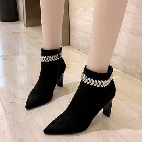 Frosted Thick-heeled Short Boots Womens Rhinestone Beaded Fashion High-heeled Boots Black Plus Velvet Warm Pointed Fashion Boot