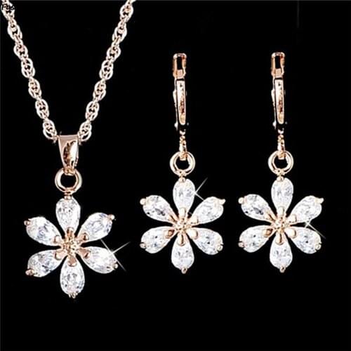 Fashion Flower Jewelry Sets Wedding Crystal Pendant Necklace Women Stud Earrings Stones
