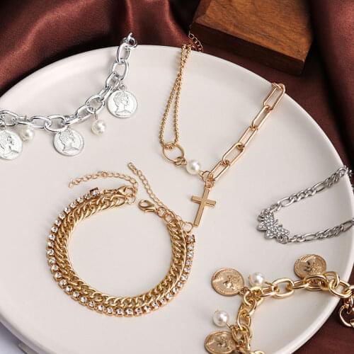 Fashion Bohemian Metal Portrait Coin Pearl Women Bracelets Vintage Pendant Cross Gold Silver Color Chain Bracelets Women Jewelry