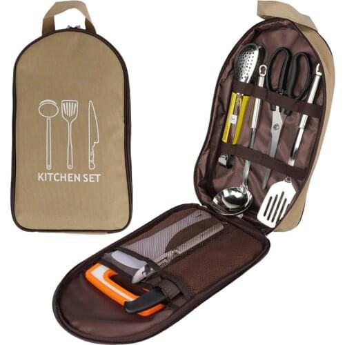 8PCS Outdoor Picnic Cookware Set 201 Stainless Steel Kitchenware Set with Storage Bag Beige
