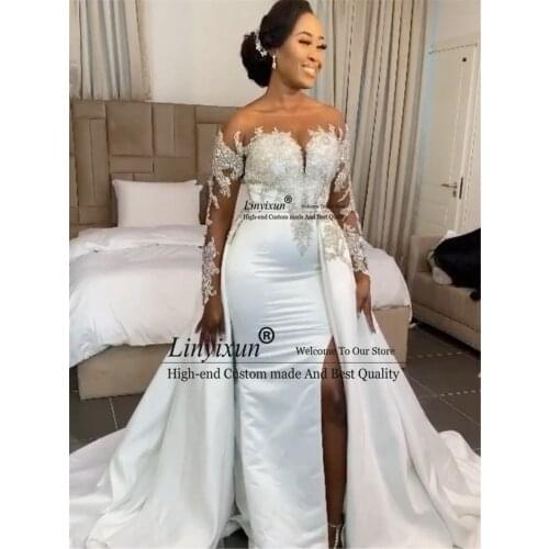 Charming Aso Ebi Wedding Dresses With Satin Overskirt Slit Bridal Wedding Gowns Long Sleeve Crystals Beaded Vestidos De Noiva