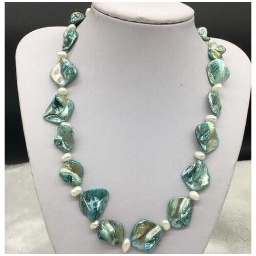 Blue Shell White Real Pearl Necklace 19"