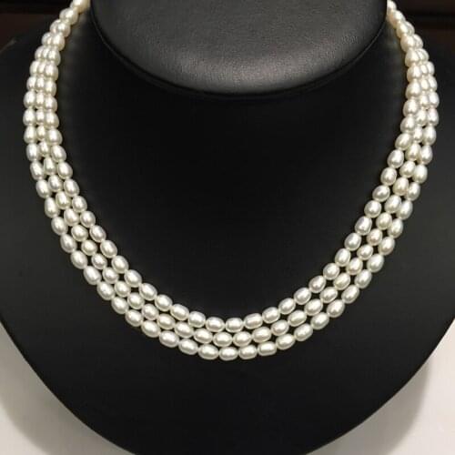 4-5MM Classic Natural Fresh Water Pearl Necklace 3 Layers Rice Pearl Fashion Women Jewelry Triangle Pearl Necklace Free Shipping