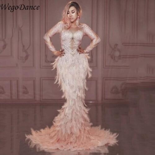Fashion Sparkly Rhinestones Pink Feather Nude Dress Sexy Full Stones Long Big Tail Dress Costume Prom Birthday Celebrate Dresses