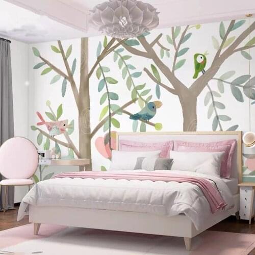 Custom Fabric Texture Forest Cartoon Bird Tree Pink Flower Murals Kindergarten Baby Room 3D Self Adhesive Wallpaper Art Decor