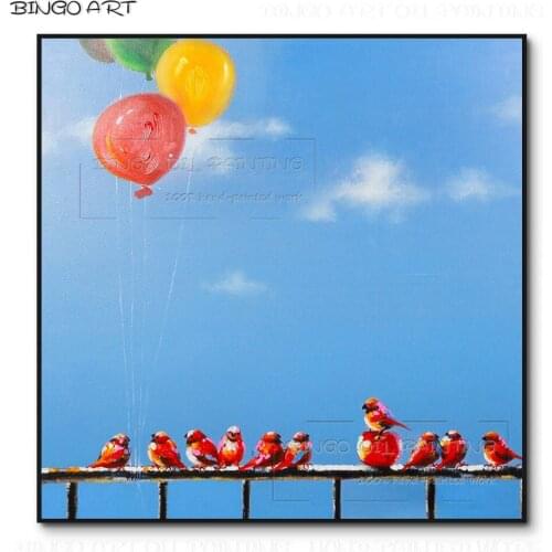 Professional Artist Pure Hand-painted Knife Painting Birds and Balloon Oil Painting on Canvas Funny Art Knife Acrylic Painting
