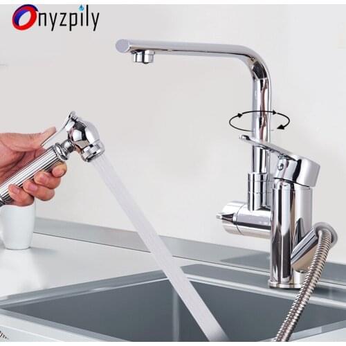 Onyzpily Chrome Kitchen Faucet Pull Out Sprayer 360 Rotation Single Handle Mixer Tap Sink Crane Hot and Cold water Sink Faucet