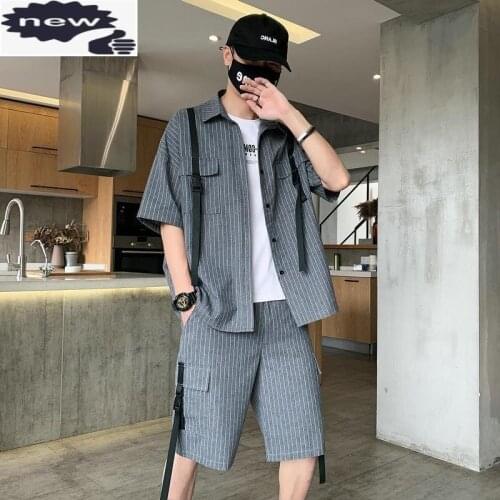 Summer Tracksuit Mens Casual Wear Sets Lace Up Cargo Short Loose Fit Striped Shirts Cardigan Fashion Male Matching Set Outfit