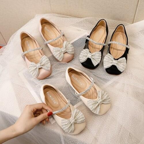 New Girls Dance Shoes Princess Fashion Soft Bottom Pearl Bow Performance Children Dress Student Casual Baby Kids Moccasins 019