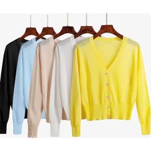 Vintage V-Neck Thin Summer Long Sleeve Women Sweater 2021 Autumn Short Knitted Cardigan Sweaters Womes England Buttons Tops Coat