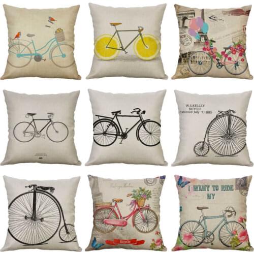 Vintage Bicycle Flower Pattern Cushion Cover Cotton Linen 45*45 CM Throw Pillowcase for Home Sofa Bed Decorative Pillow Cover