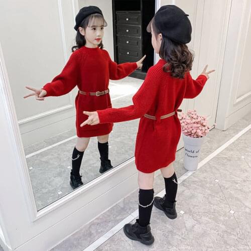 2021 Winter Kids Girl Dress Knit Sweater Children Clothing Solid Color Baby Girls Long Sleeve Baby Clothes Girls Dresses W353