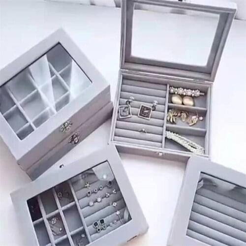 High-Quality Exquisite Gray Jewelry Storage Box Household Jewelry Watch Earrings Ring Segmentation Small Dustproof Jewelrys Boxs