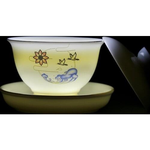 High-grade suet jade ceramic teacup large three-talent cover bowl tea maker handmade white porcelain bowl