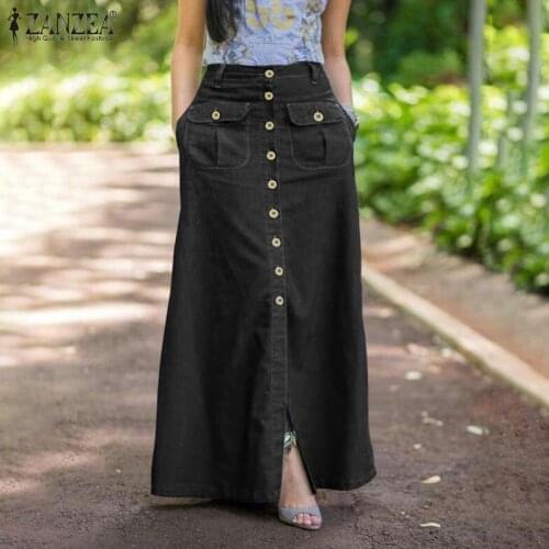 Womens Casual A Line Skirt Plus Size Denim Blue Skirts ZANZEA 2021 Fashion Long Mujer Faldas Female Streetwear Button Bottom 5XL