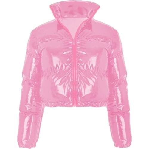 Women Long Sleeve Zipper Puffer Jacket Stand Collar Shiny Metallic Faux Leather Cropped Bubble Coat Quilted Parkas