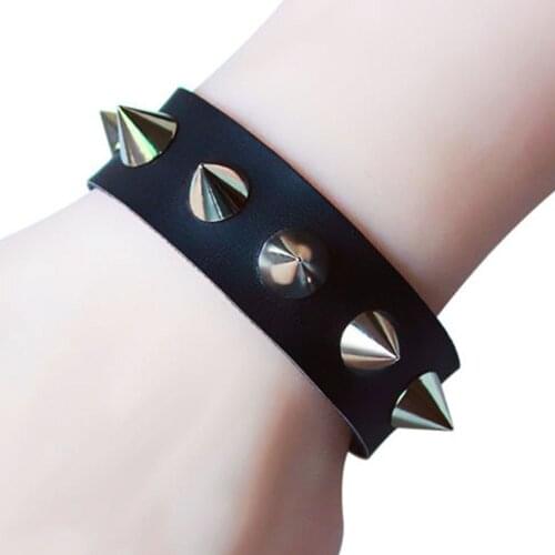 New Unisex Women Punk Black Bracelet Silver Color Spike Rivet Cone Black Leather Cuff Wristband Adjustable Bangles