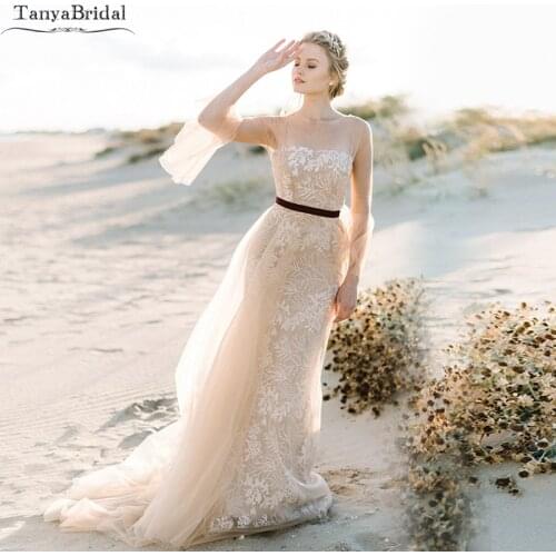 Champagne Mermaid Wedding Dresses Romantic Lace Velet Belt Illusion back Bridal Dresses Fairy Bohemian Noivas Fashion Gown DW108