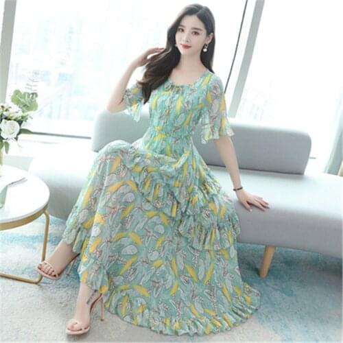 2020 summer new chiffon dress popular floral fairy sensation femininity long section O-neck short-sleeved dress female
