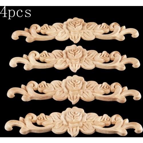 4pcs Woodcarving Decal Corner Long Onlay Applique Unpainted Door Furniture Decor Wooden Figurines Craft Rose Strip 20*5cm