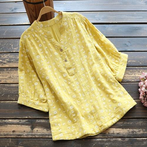 7814 Summer Women Blouse Short Sleeve Double Layer Cotton Print Stand Collar Loose Casual Pullover Shirt Women
