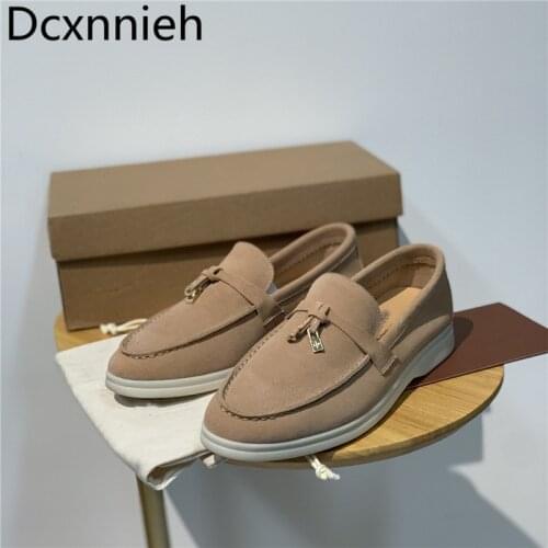 Brand Shoes For Women Round Toe Slip On Flat Mules Ladies Nude Blue Kid Suede Drive Shoes Metal Lock Decorate Loafers Woman New