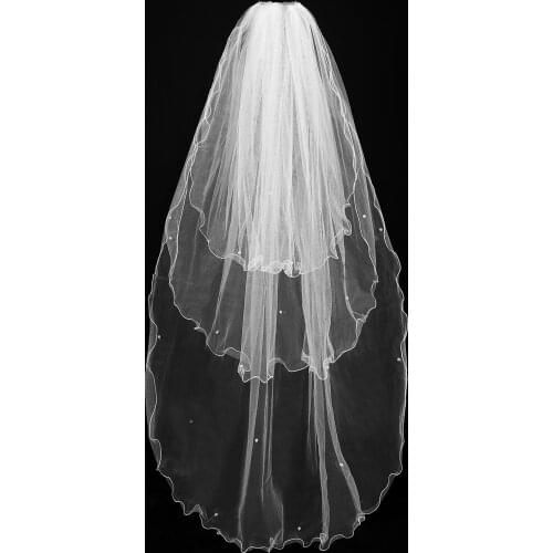 2019 In Stock Cheap Velos de Noiva Three Layers Edge Wedding Veil With Pearls White Beige Short 3 Layers Bridal Veil