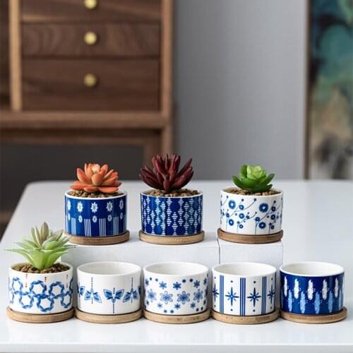 Ceramic Japanese-style succulent flowerpot Simple hydroponics container Bamboo home office desktop green plant potted decoration