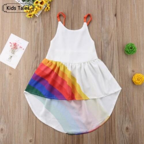 SQ330 Asymmetrical Princess Baby Girls Dress Party Irregular Dresses Summer Striped Colorful White Sling Rainbow Backless