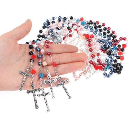 New Fashion DIY Handmade Round Glass Bead Catholic Rosary Quality Bead Cross Necklace Beads Cross Religious Pendants Necklace