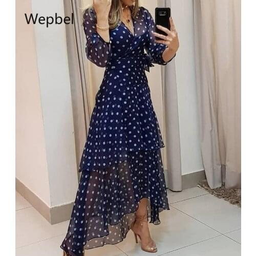 WEPBEL Fashion Casual Women Dress Blue Polka Dots Floral Printed Dress Long Sleeve A-line High Waist V-neck Long Dress