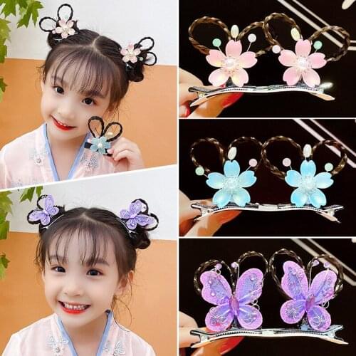 1pair Flower Butterfly Hairpin Girl Hair Pins Chinese Style Kid Braid Hair Clip with Wig Hanfu Headwear Women Hair Accessories
