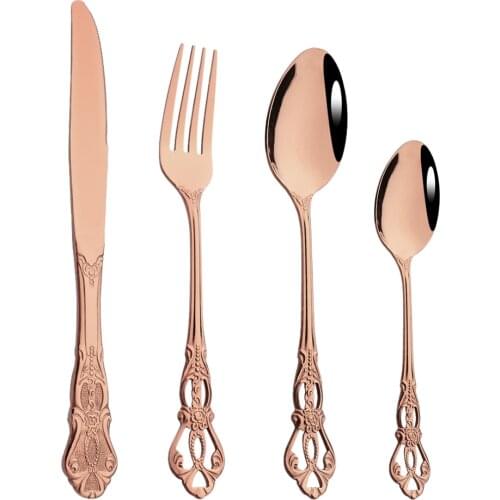 Mirror Rose 4Pcs Cutlery Stainless Steel Tableware Set Home Kitchen Dinnerware Gold Fork Knife Tea Spoon Wedding Flatware Set